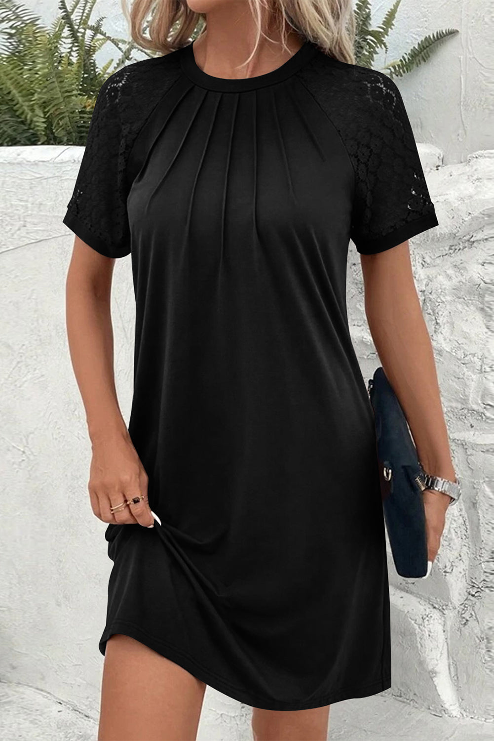 Lace Sleeve Pleated Shift Dress - Boho Chic | Opulent Vibe