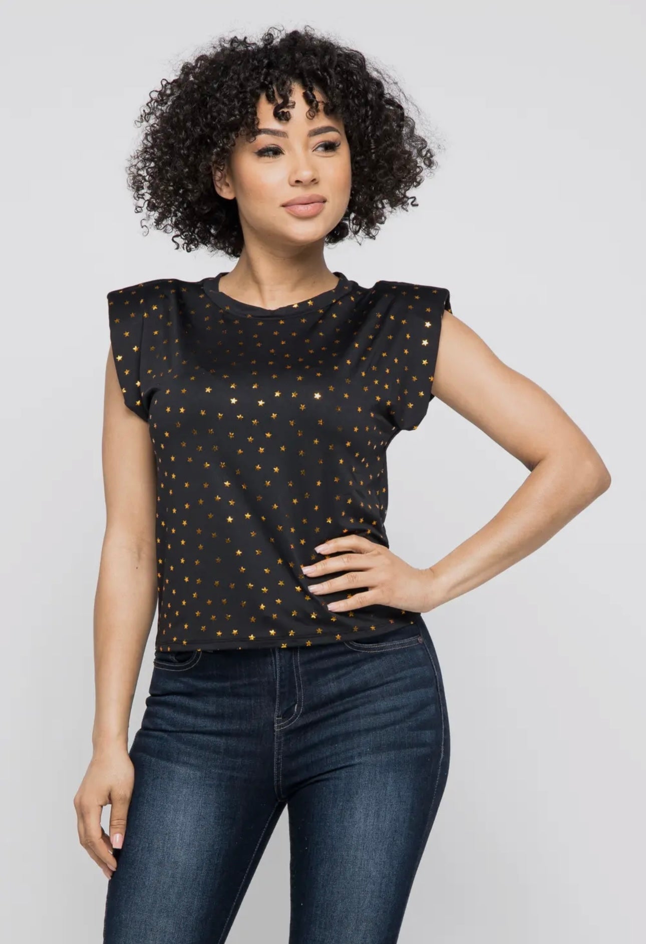 Black Gold Star Padded Shoulder Top | Opulent Vibe