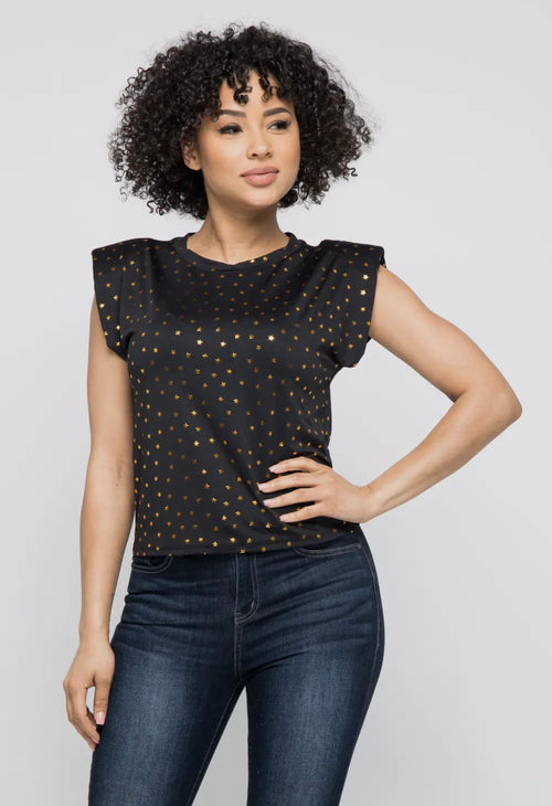 Black Gold Star Padded Shoulder Top | Opulent Vibe