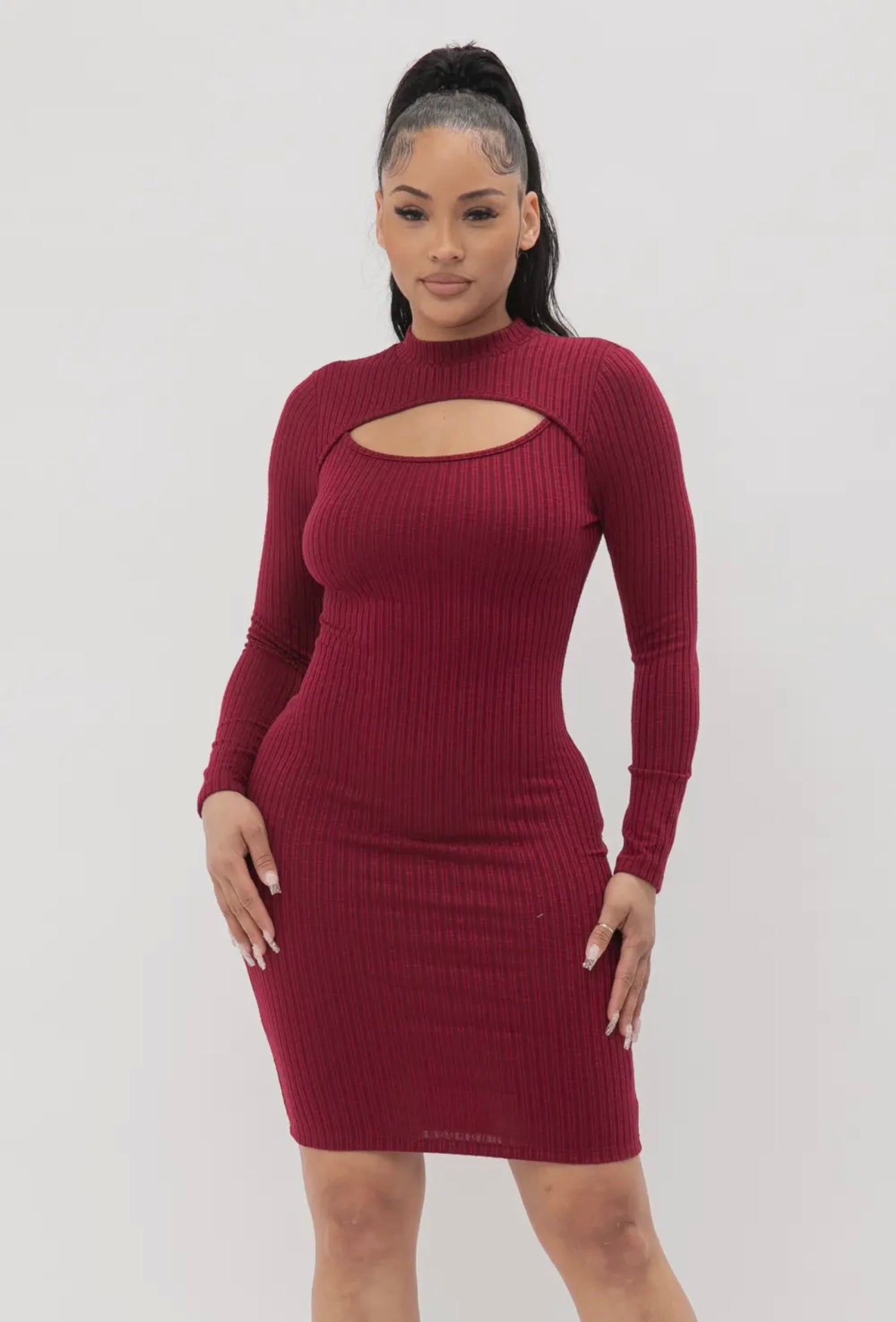 Wine Red Ribbed Cutout Long Sleeve Bodycon Mini Dress – Opulent Vibe