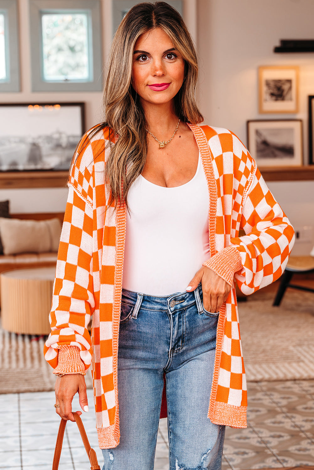 Orange Checkered Drop Shoulder Cardigan | Opulent Vibe