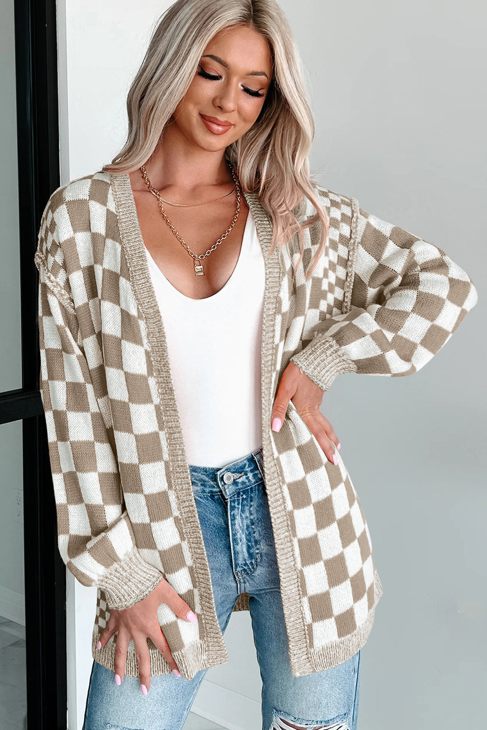 Orange Checkered Drop Shoulder Cardigan | Opulent Vibe