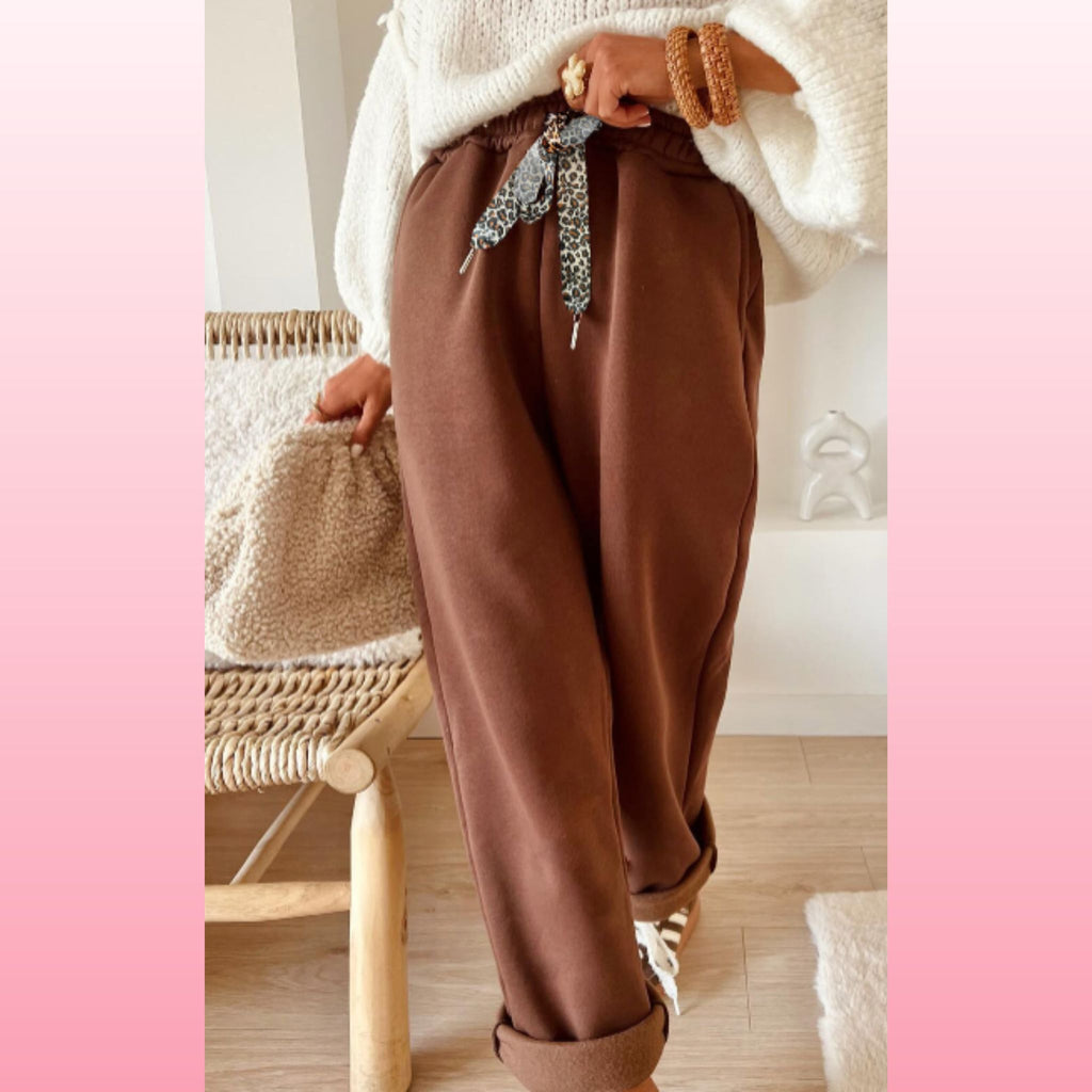 Coffee Fleece Lined Leopard Drawstring Pants  | Opulent Vibe