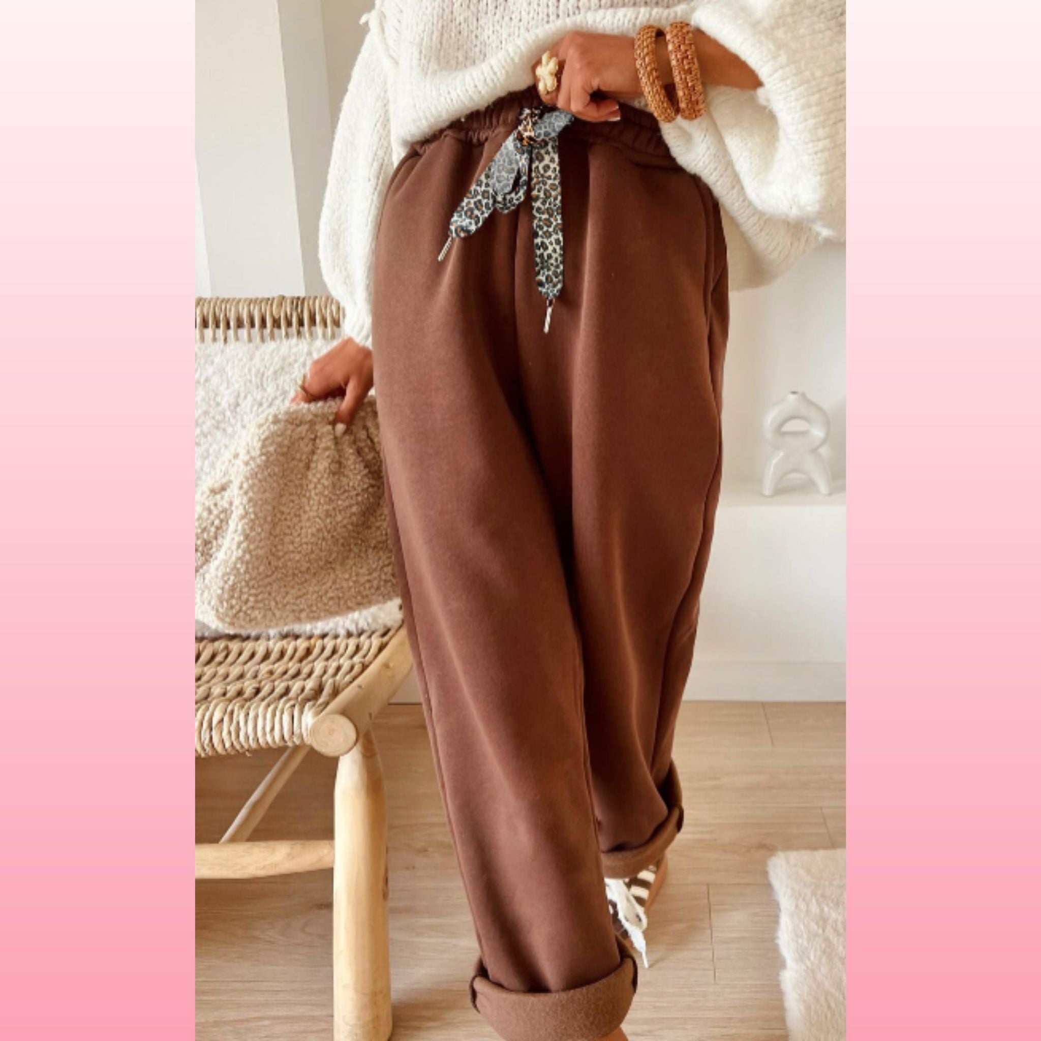 Coffee Fleece Lined Leopard Drawstring Pants  | Opulent Vibe
