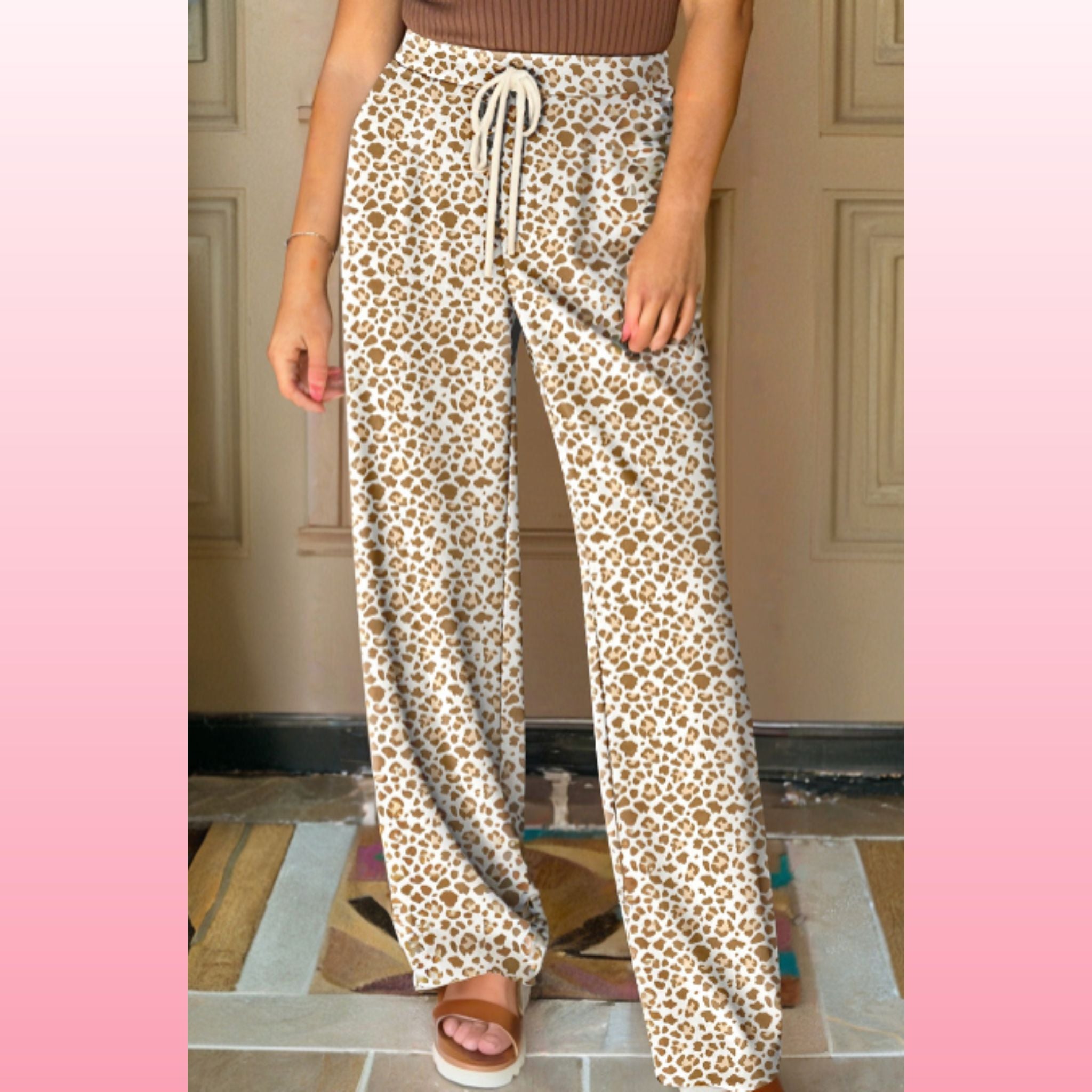Khaki Leopard Drawstring Waistband Loose Pants – Casual Chic | Opulent Vibe