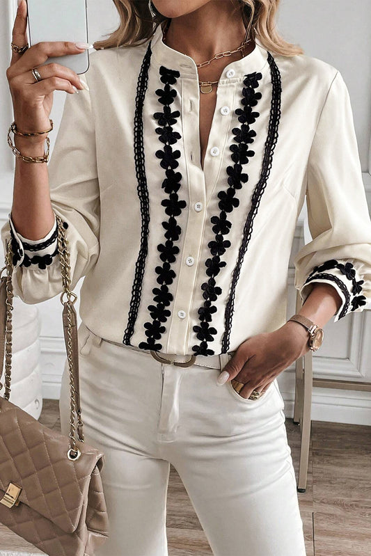 A Embroidered Stand Neck Buttoned Blouse