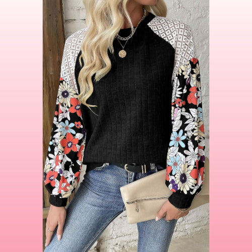 Black Floral Patchwork Blouse – Casual Chic Top | Opulent Vibe