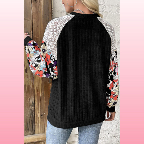 Black Floral Patchwork Blouse – Casual Chic Top | Opulent Vibe