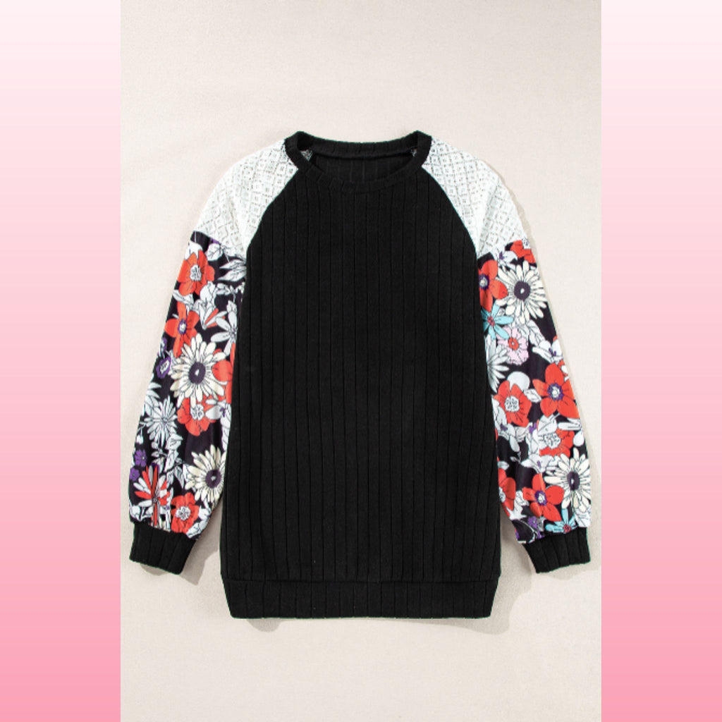 Black Floral Patchwork Blouse – Casual Chic Top | Opulent Vibe
