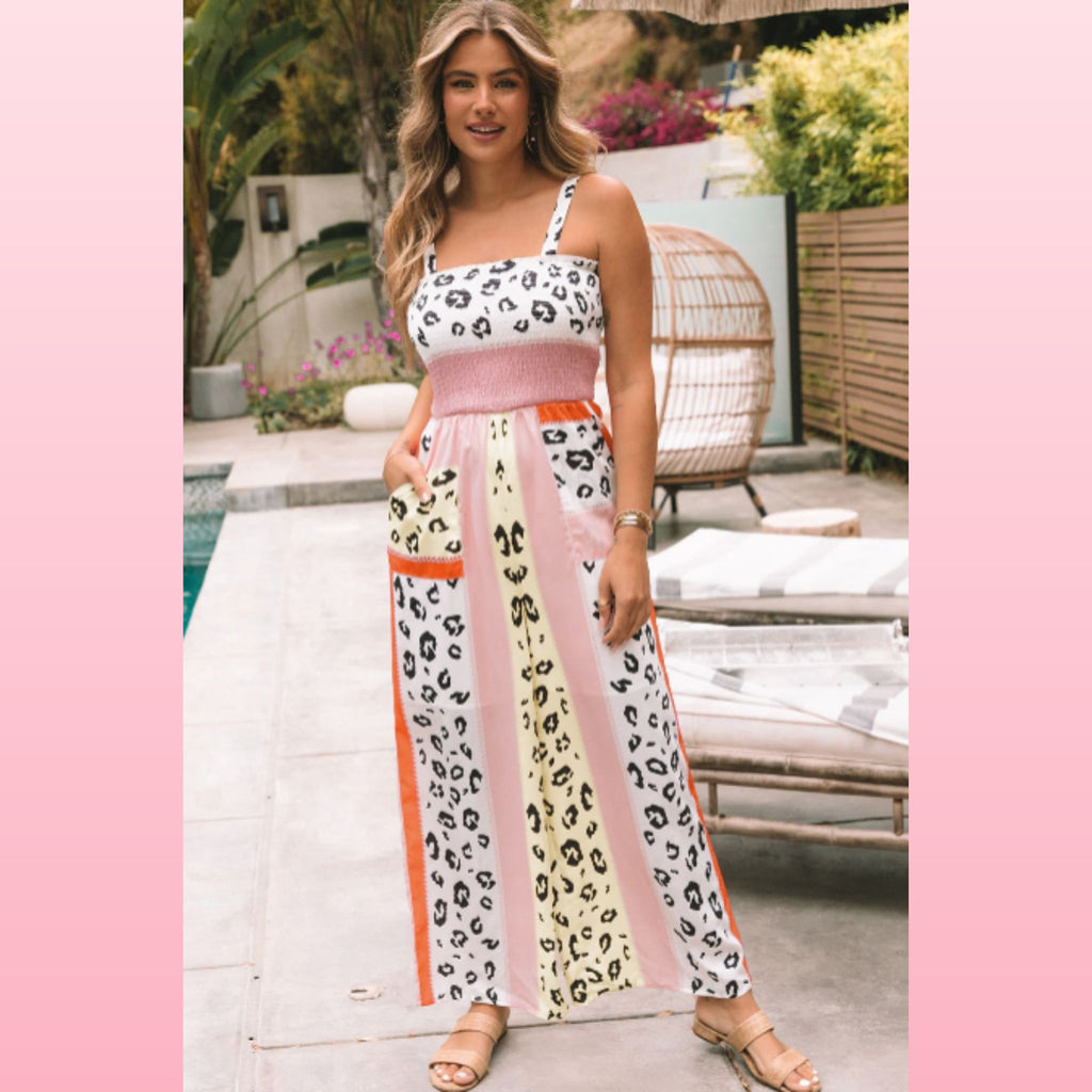 Pink Leopard Color Block Jumpsuit - Boho One-Piece with Pockets | Opulent Vibe