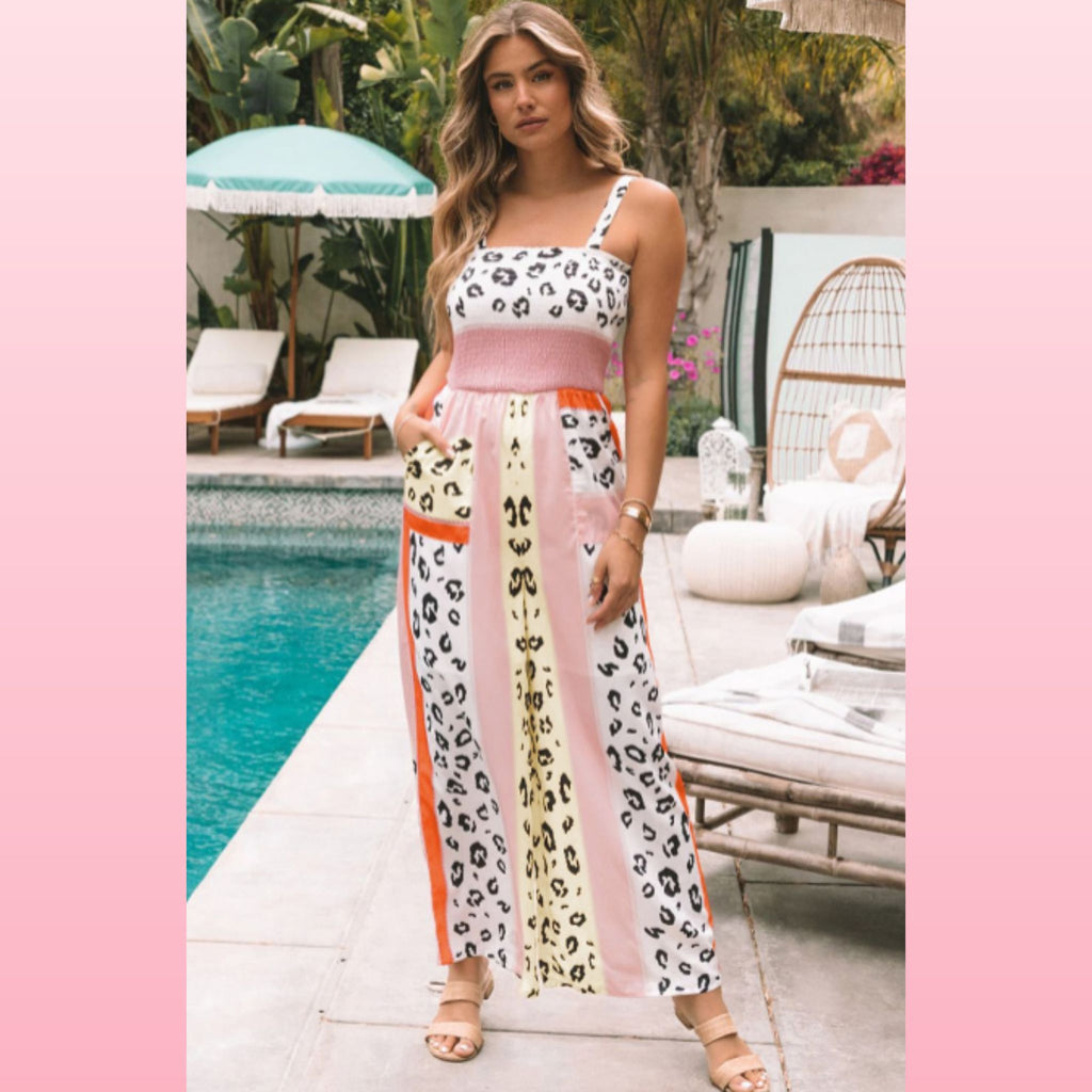 Pink Leopard Color Block Jumpsuit - Boho One-Piece with Pockets | Opulent Vibe