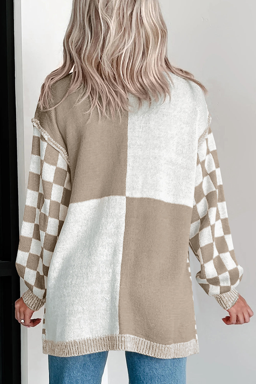 Orange Checkered Drop Shoulder Cardigan | Opulent Vibe