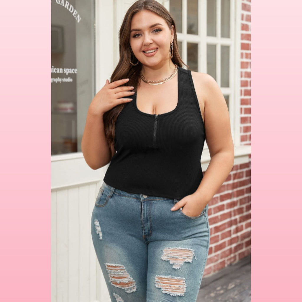 Plus Size Zipper Front Ribbed Tank - Racerback Boho Top | Opulent Vibe