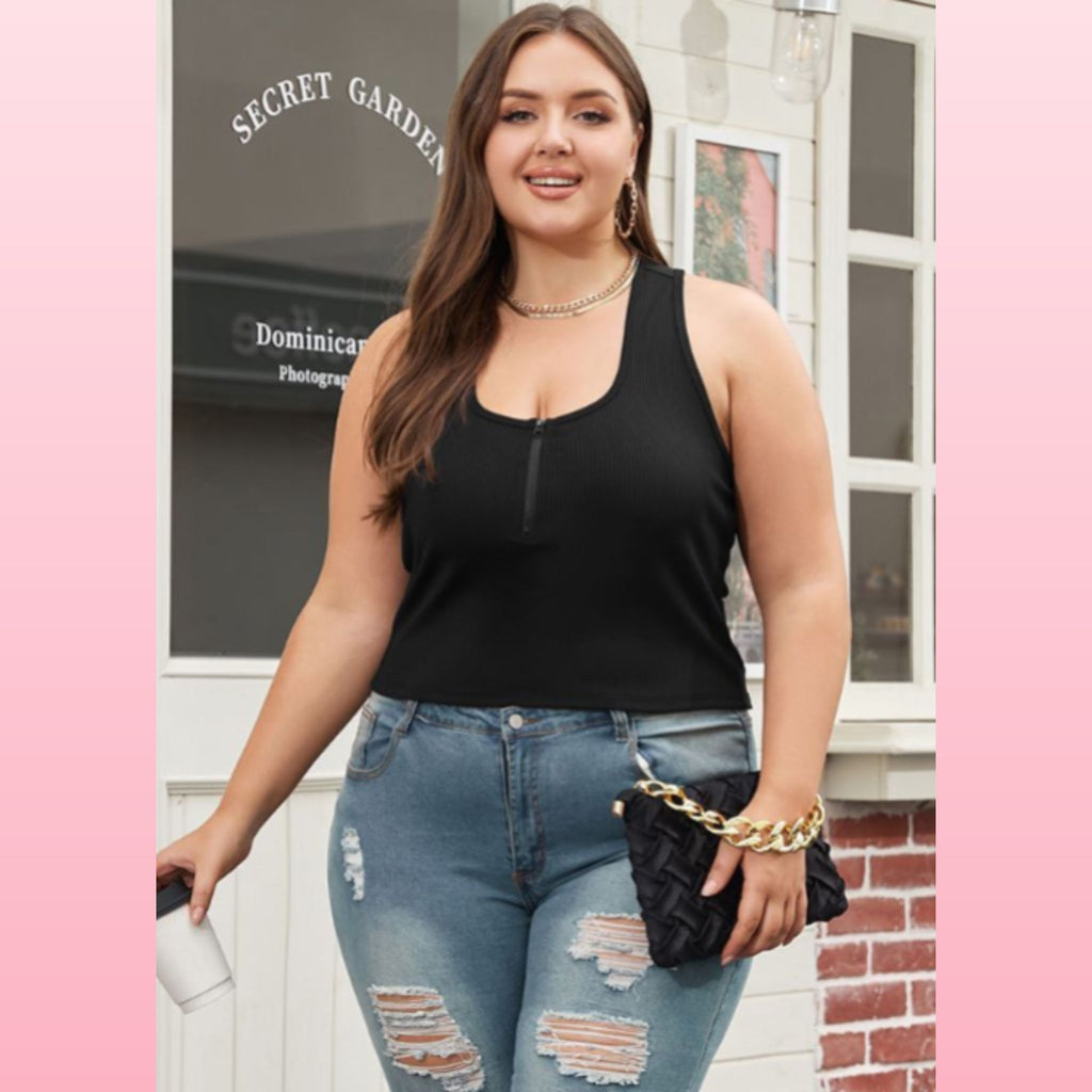 Plus Size Zipper Front Ribbed Tank - Racerback Boho Top | Opulent Vibe