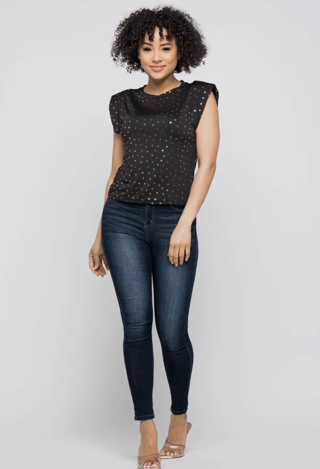 Black Gold Star Padded Shoulder Top | Opulent Vibe
