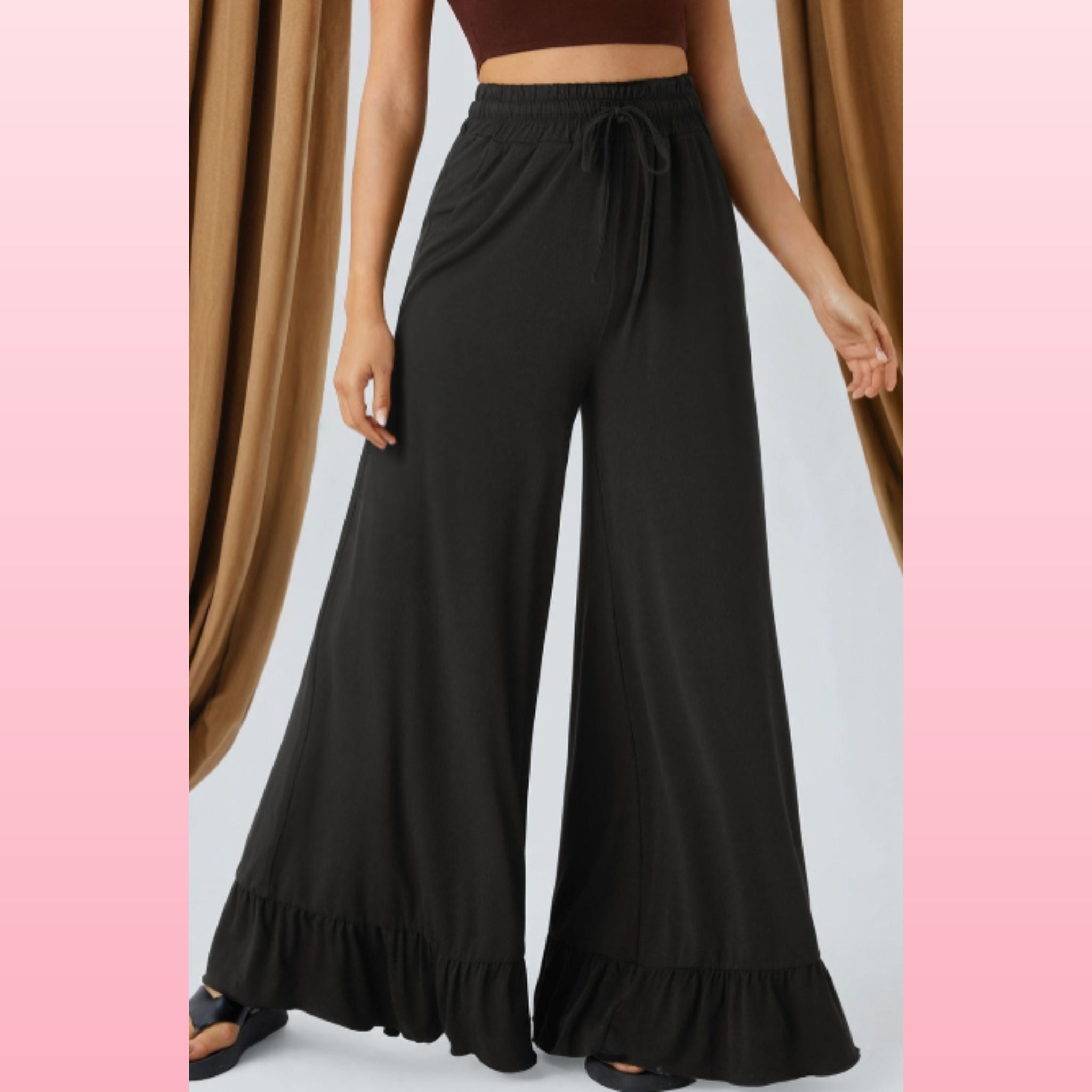 Black Ruffled Wide Leg High Waist Pants with Pockets | Opulent Vibe
