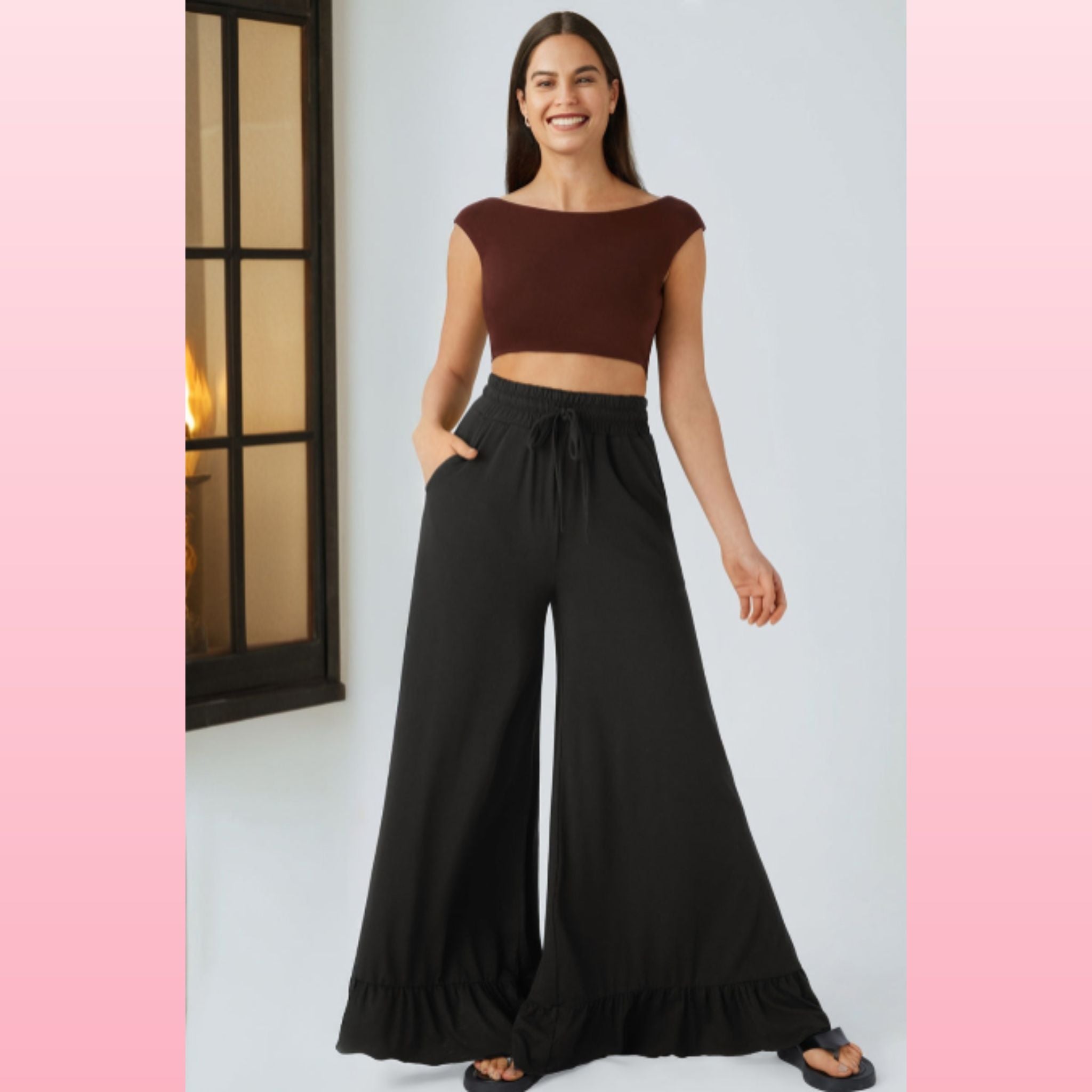 Black Ruffled Wide Leg High Waist Pants with Pockets | Opulent Vibe