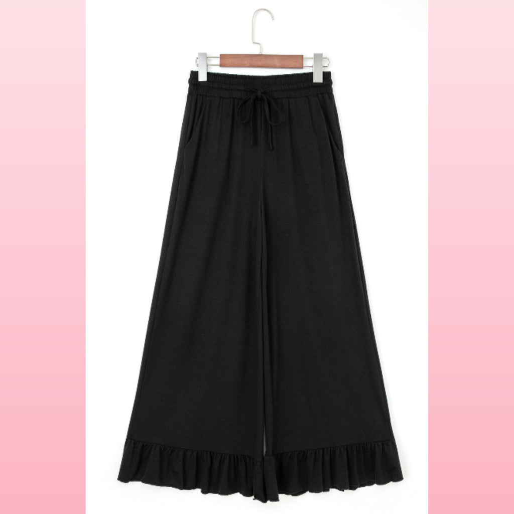 Black Ruffled Wide Leg High Waist Pants with Pockets | Opulent Vibe