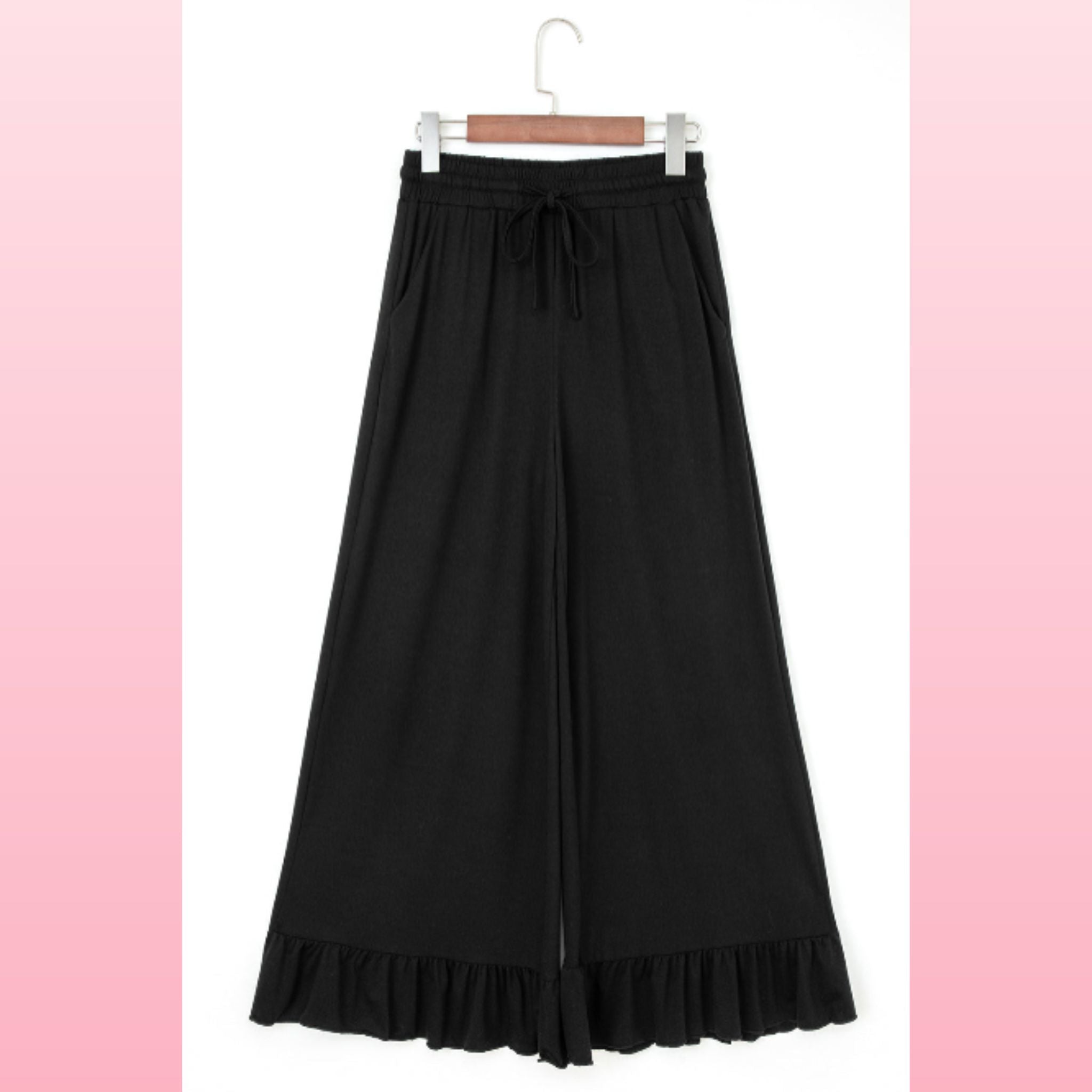 Black Ruffled Wide Leg High Waist Pants with Pockets | Opulent Vibe