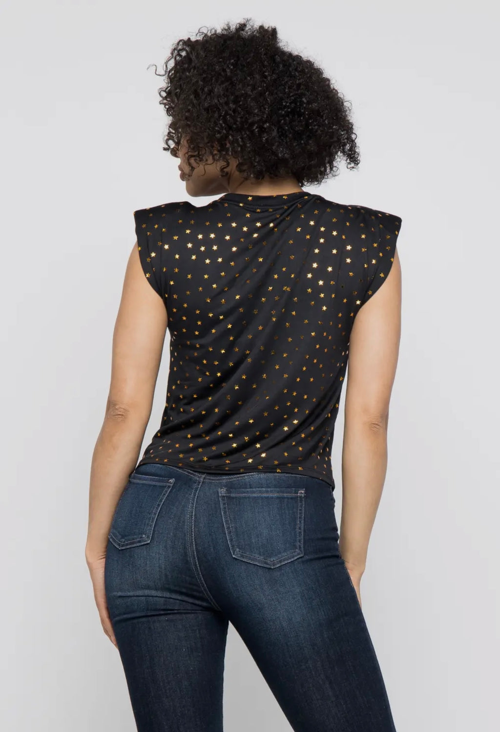 Black Gold Star Padded Shoulder Top | Opulent Vibe