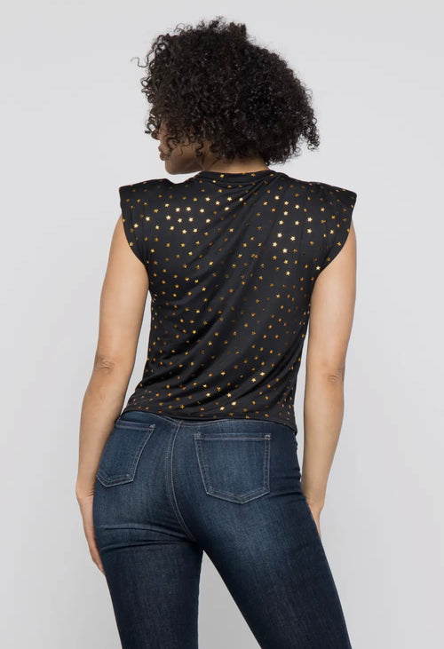 Black Gold Star Padded Shoulder Top | Opulent Vibe