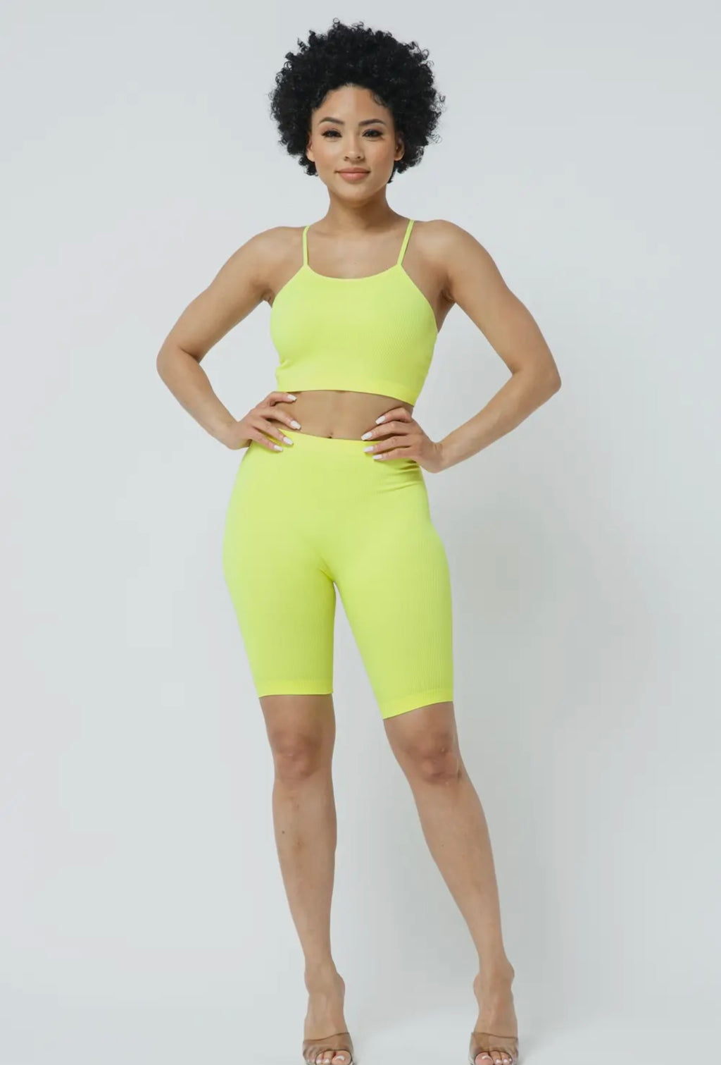 Neon Yellow Ribbed Cami Biker Shorts Set | Opulent Vibe