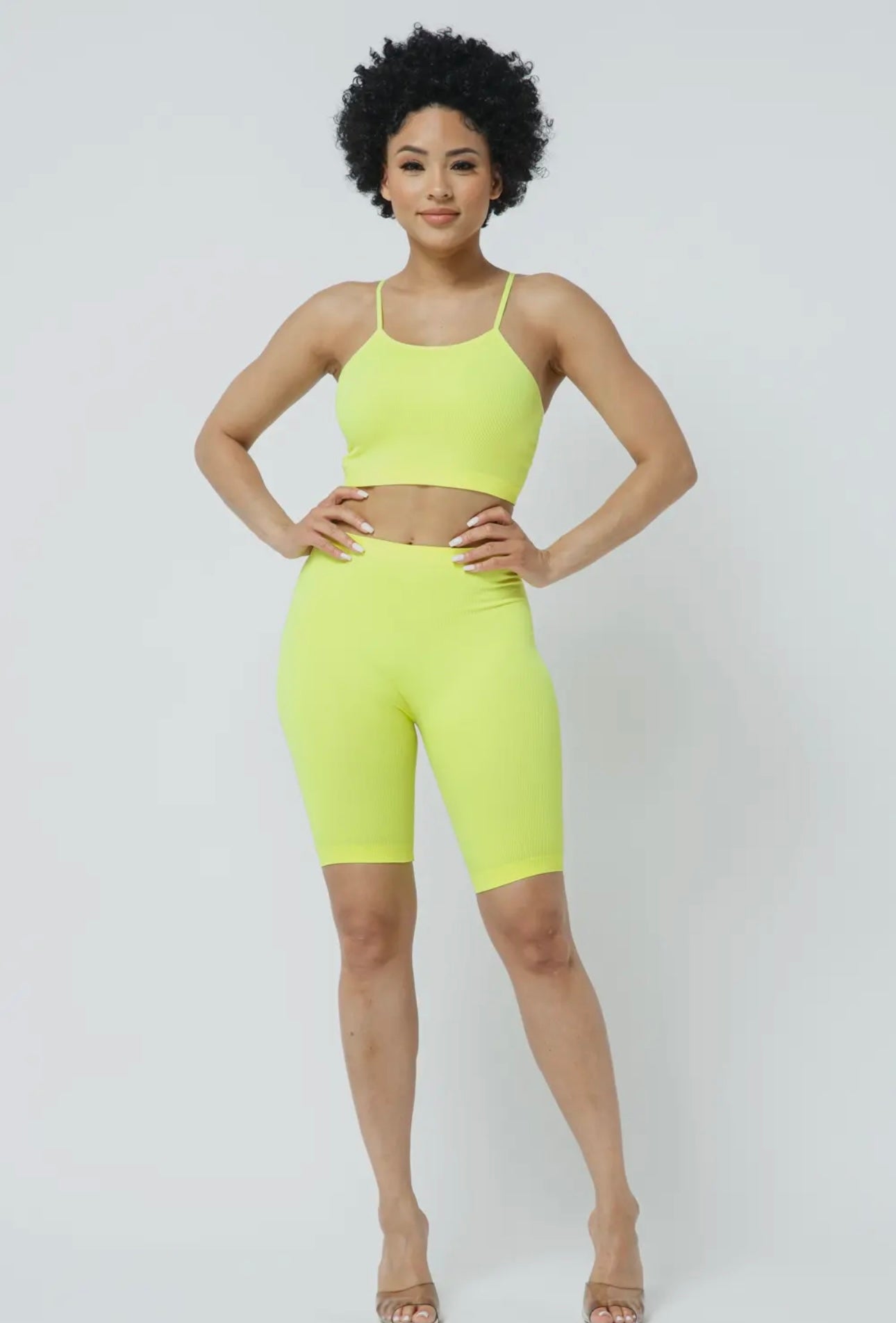 Neon Yellow Ribbed Cami Biker Shorts Set | Opulent Vibe