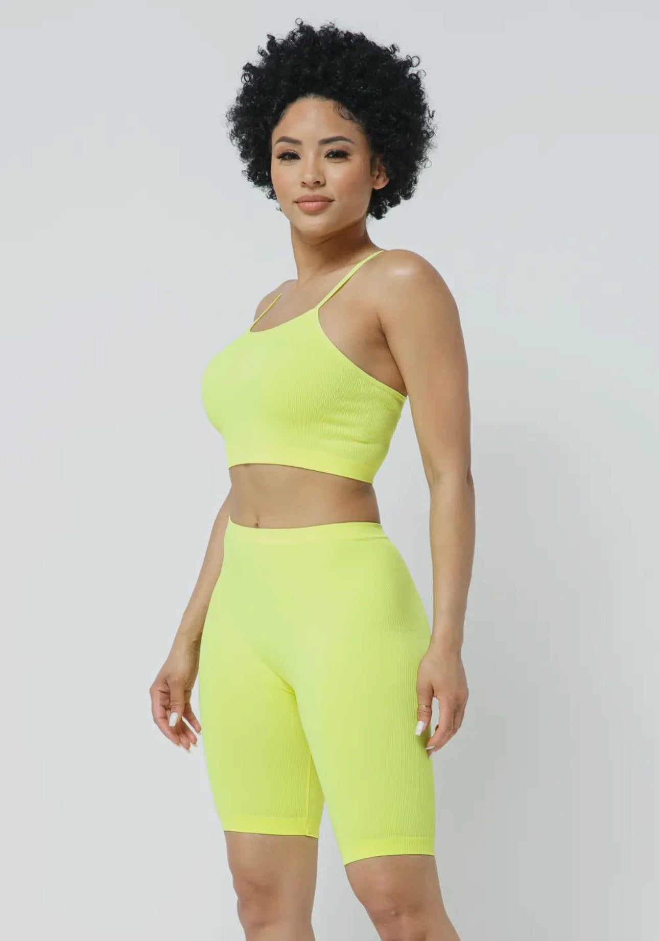 Neon Yellow Ribbed Cami Biker Shorts Set | Opulent Vibe