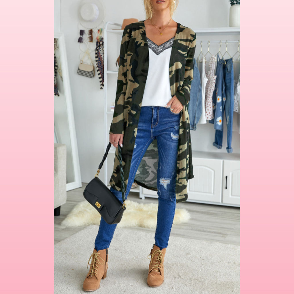 Green Camo Boho Cardigan - Lightweight Layering Piece | Opulent Vibe