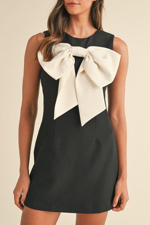 Black Mini Dress – Sleeveless Crew Neck with Contrast Bow | Opulent Vibe