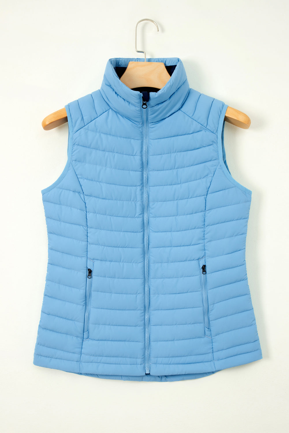 Sky Blue Plush Collared Quilted Zipped Puffer Vest | Opulent Vibe