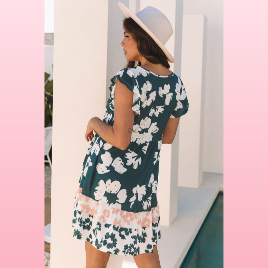 Green Floral Mini Dress – Ruffle Sleeves & Empire Waist | Opulent Vibe