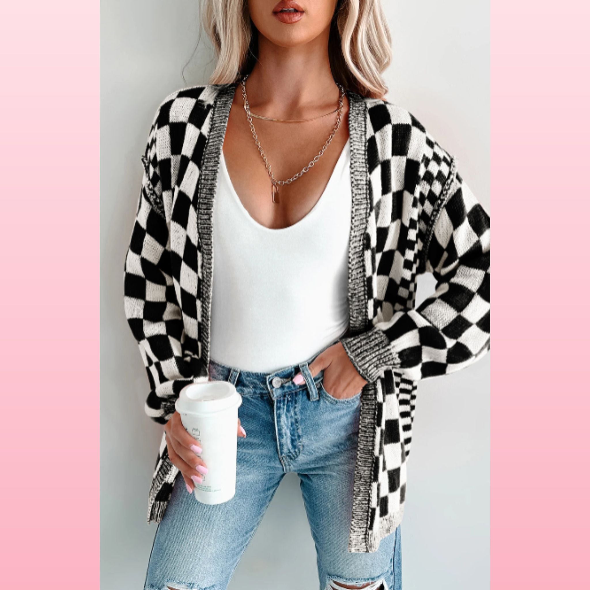 Black Checkered Drop Shoulder Cardigan | Opulent Vibe