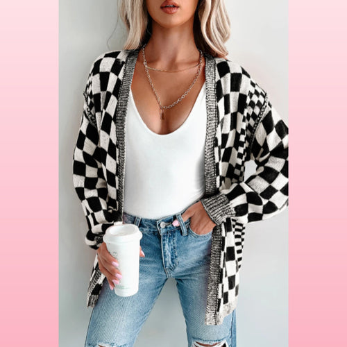 Black Checkered Drop Shoulder Cardigan | Opulent Vibe