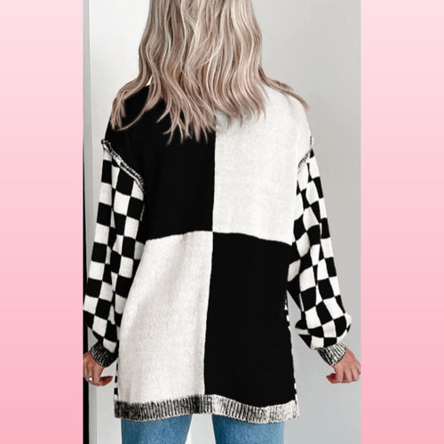 Black Checkered Drop Shoulder Cardigan | Opulent Vibe