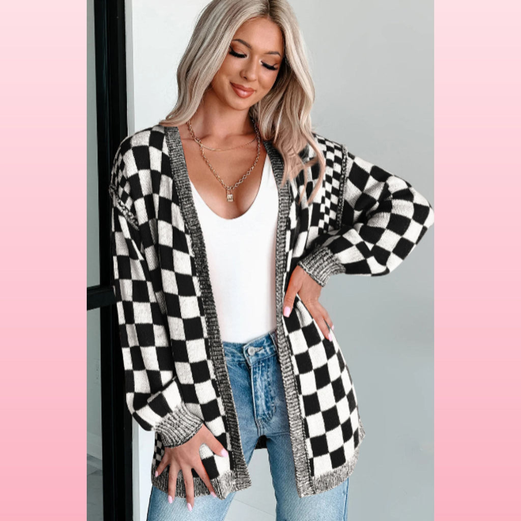Black Checkered Drop Shoulder Cardigan | Opulent Vibe