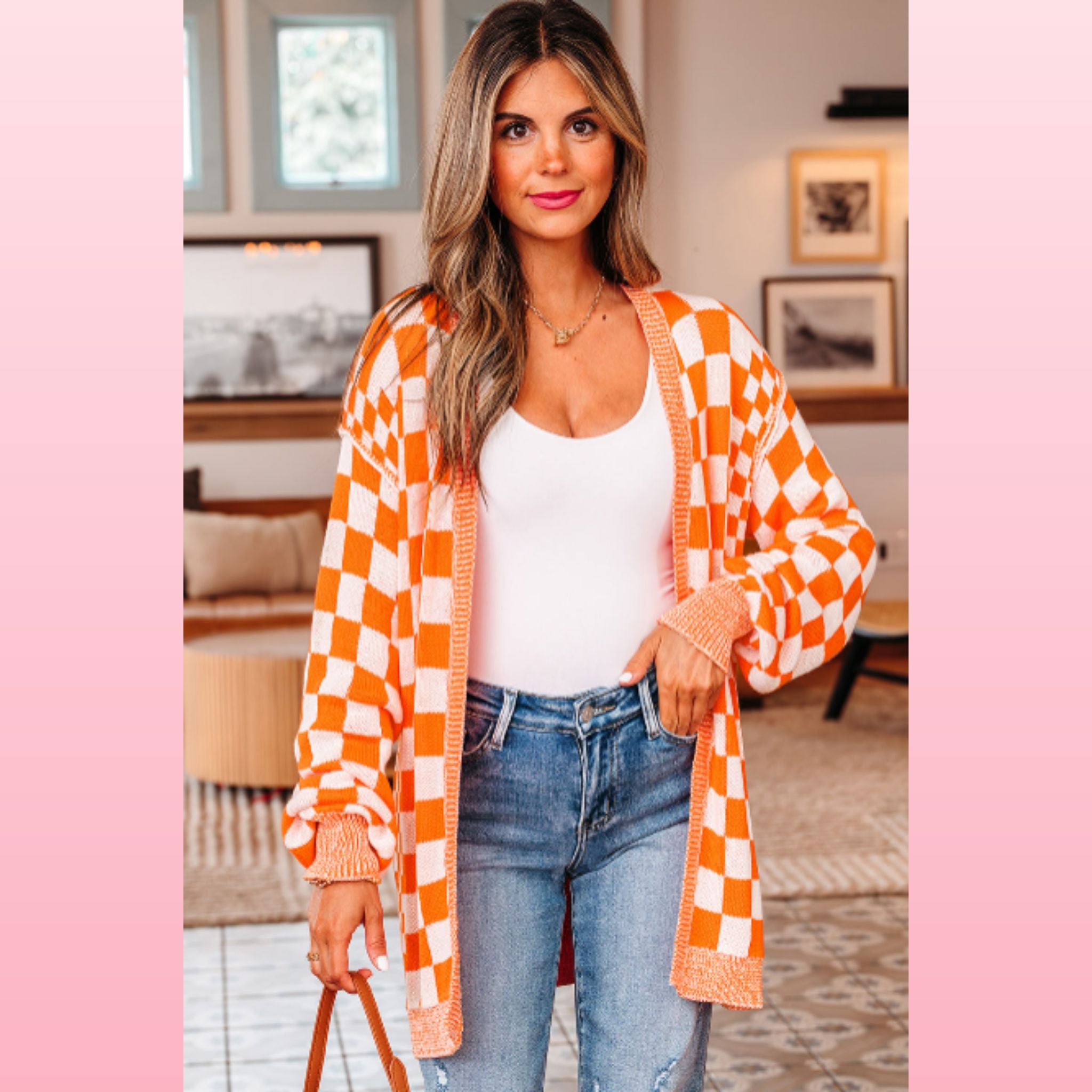 Orange Checkered Drop Shoulder Cardigan | Opulent Vibe
