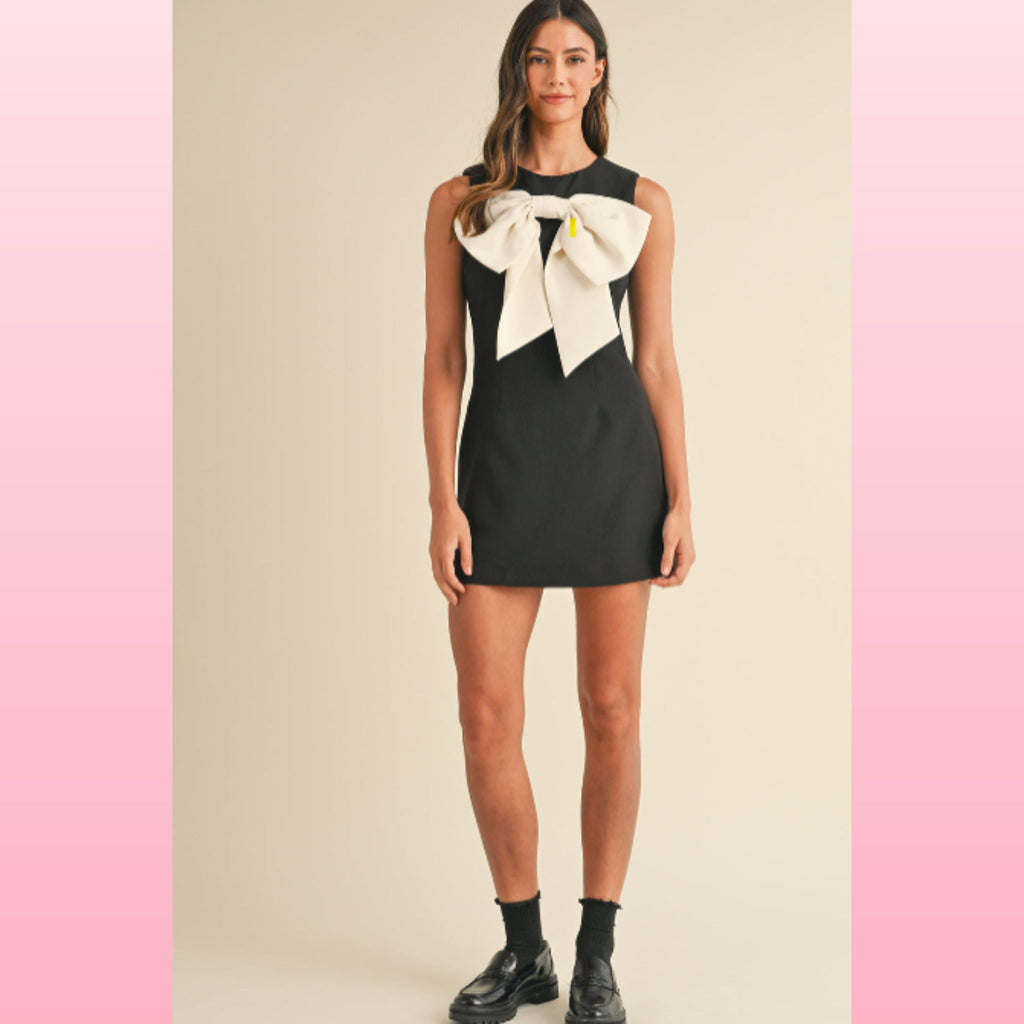Black Mini Dress – Sleeveless Crew Neck with Contrast Bow | Opulent Vibe