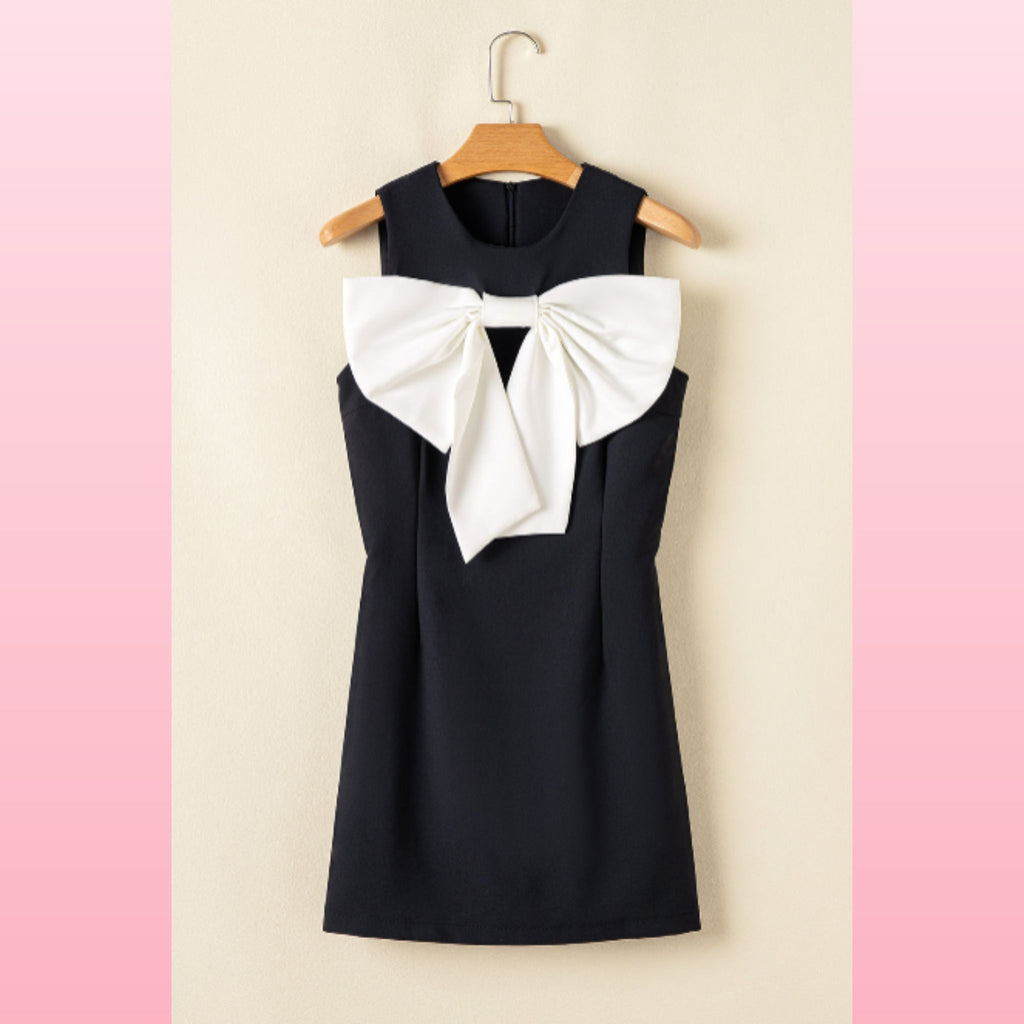 Black Mini Dress – Sleeveless Crew Neck with Contrast Bow | Opulent Vibe