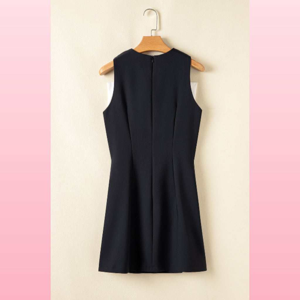 Black Mini Dress – Sleeveless Crew Neck with Contrast Bow | Opulent Vibe