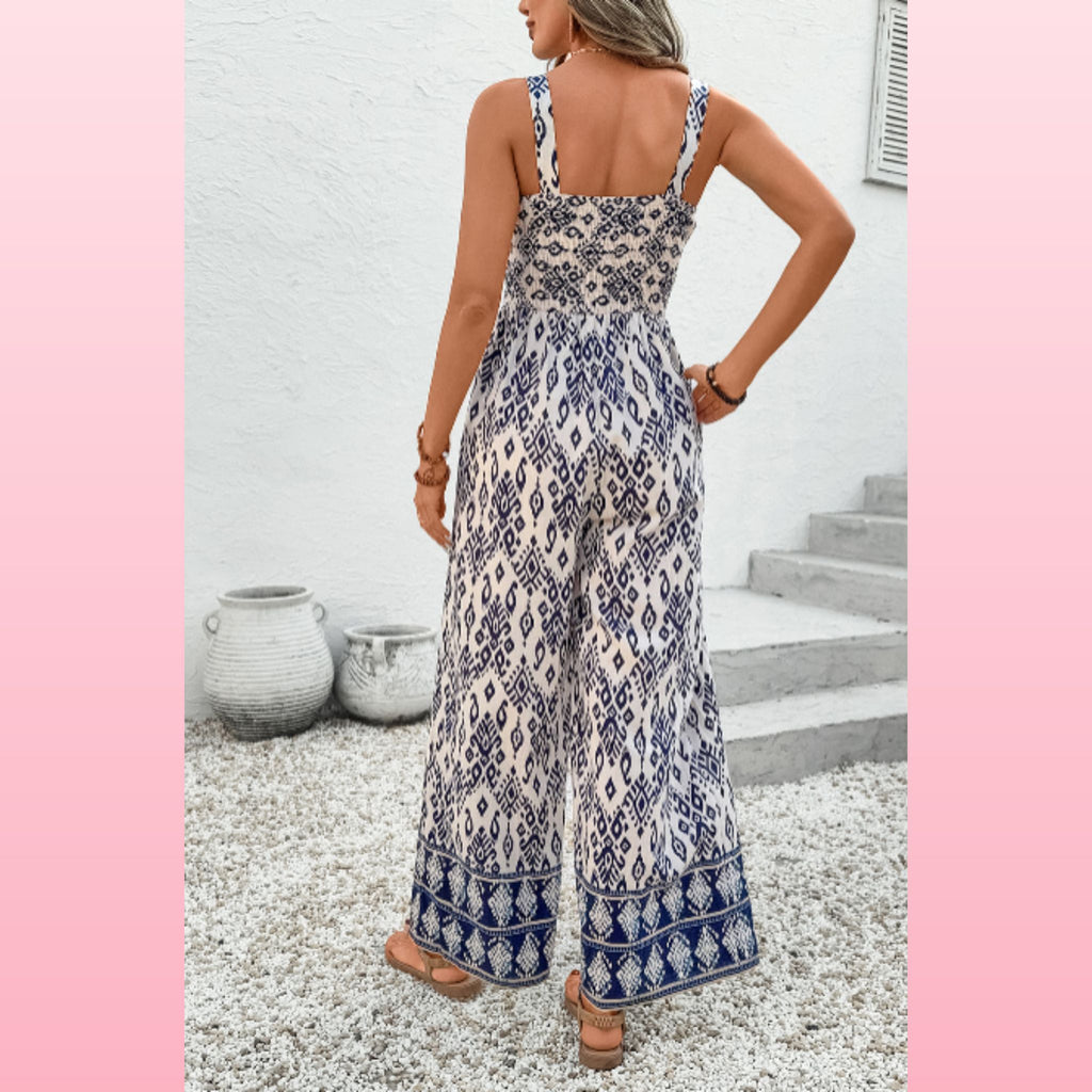 Blue Boho Geometric Print Jumpsuit – Shirred High Waist & Wide Legs | Opulent Vibe