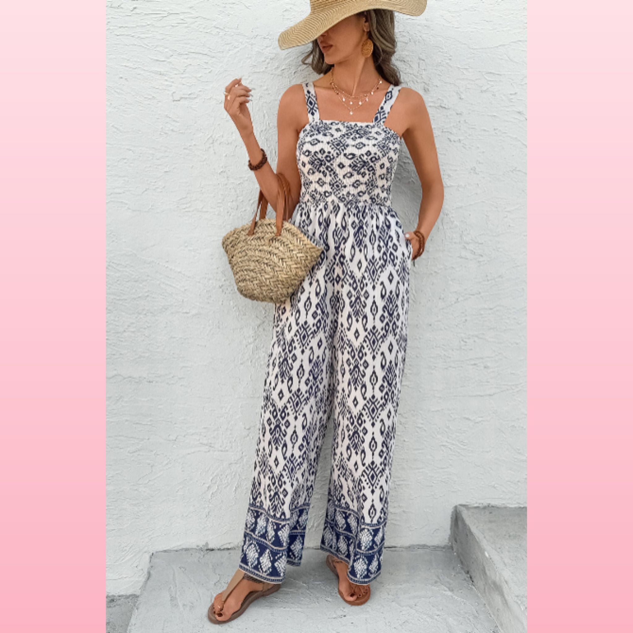 Blue Boho Geometric Print Jumpsuit – Shirred High Waist & Wide Legs | Opulent Vibe