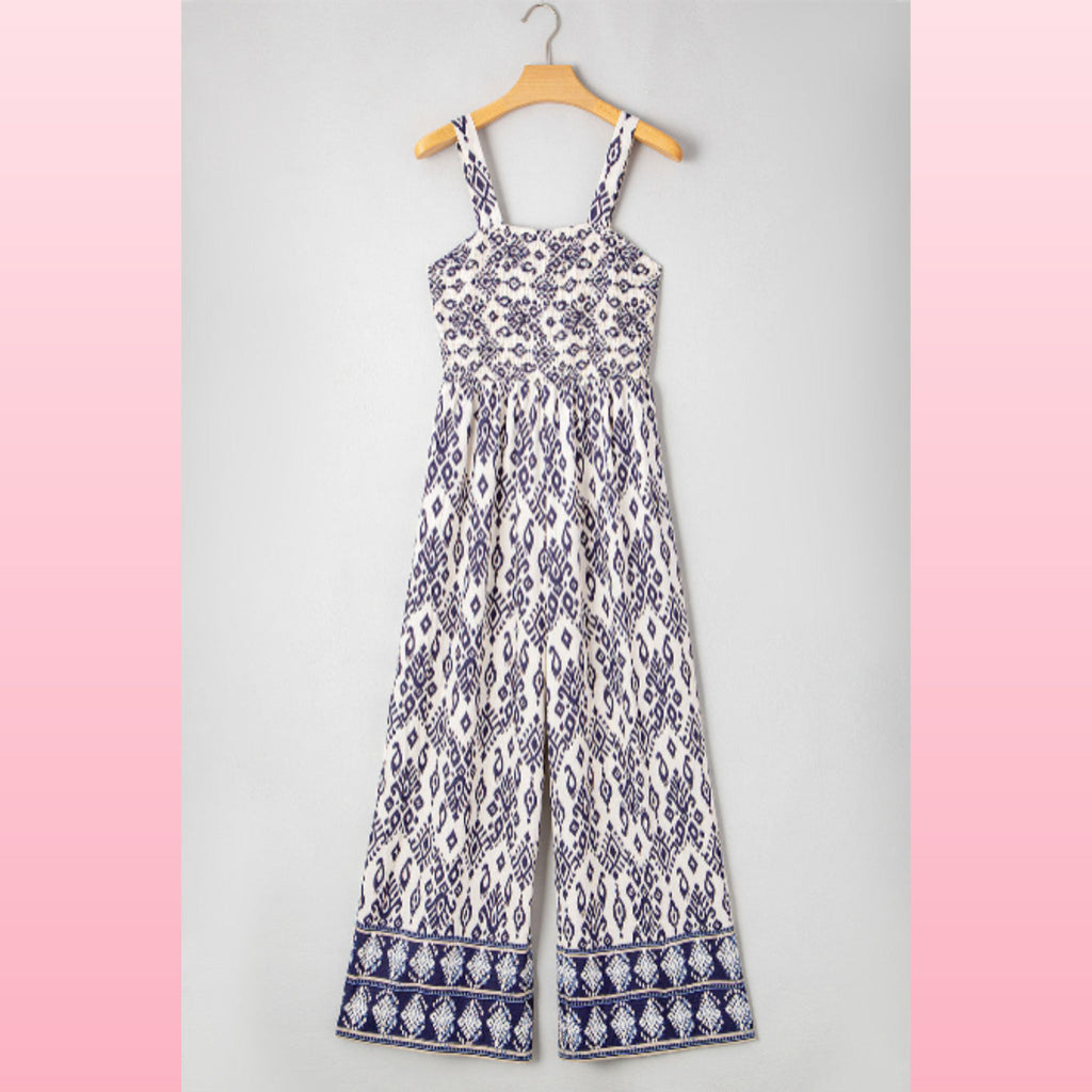 Blue Boho Geometric Print Jumpsuit – Shirred High Waist & Wide Legs | Opulent Vibe