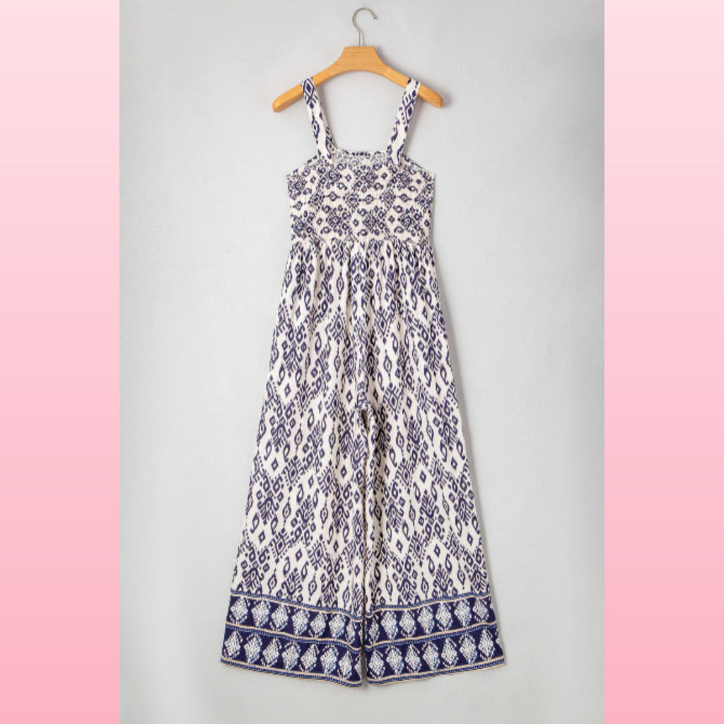 Blue Boho Geometric Print Jumpsuit – Shirred High Waist & Wide Legs | Opulent Vibe