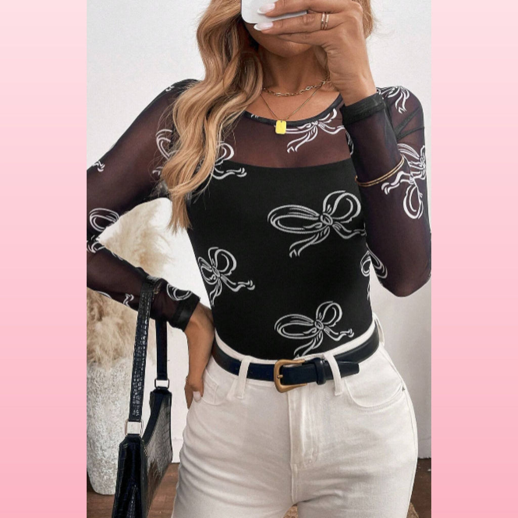 Bow Print Black Boho - Mesh Long Sleeve Top | Opulent Vibe