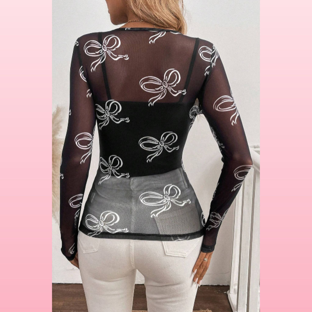 Bow Print Black Boho - Mesh Long Sleeve Top | Opulent Vibe