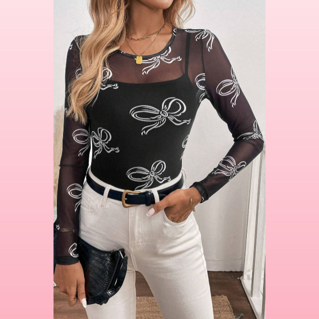 Bow Print Black Boho - Mesh Long Sleeve Top | Opulent Vibe