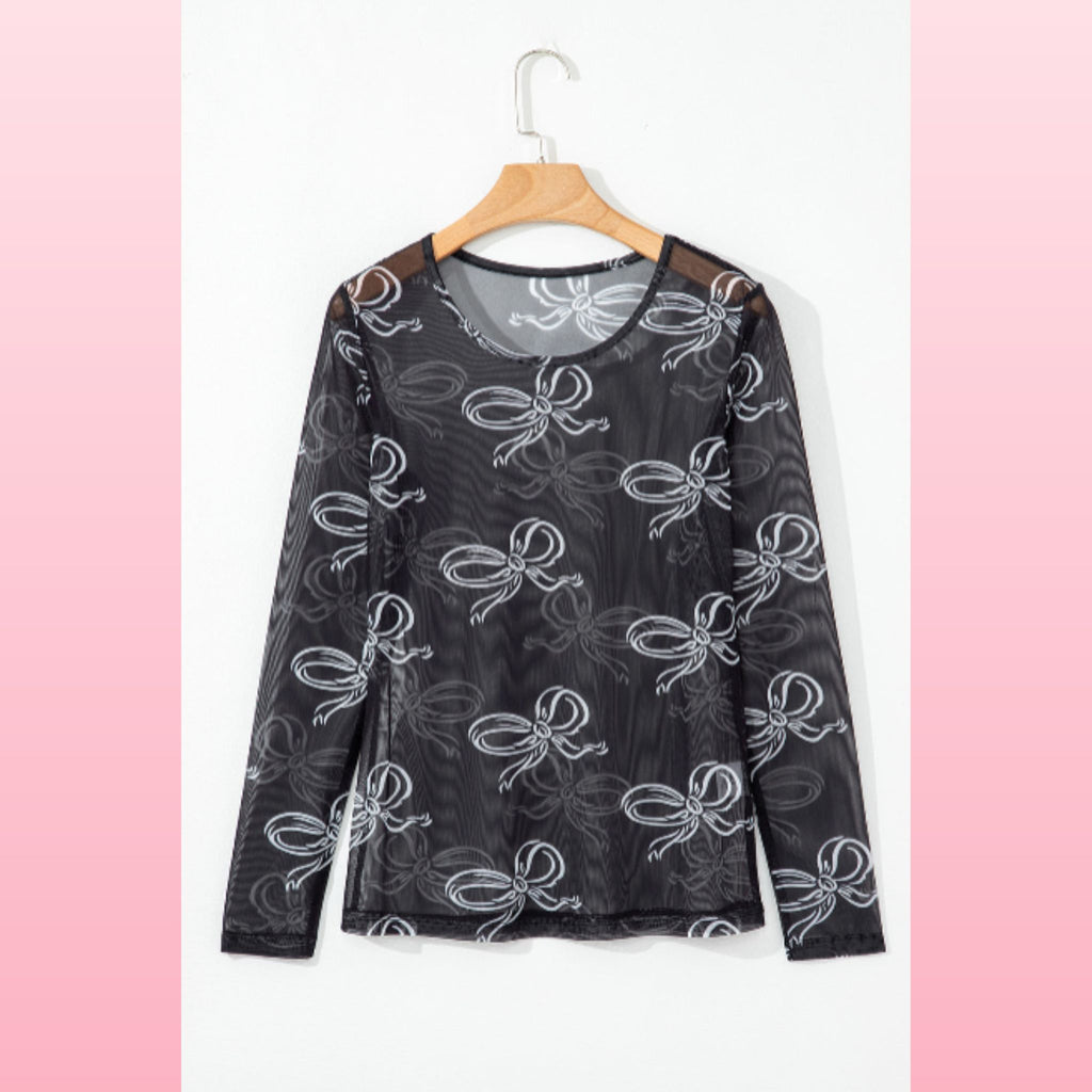 Bow Print Black Boho - Mesh Long Sleeve Top | Opulent Vibe