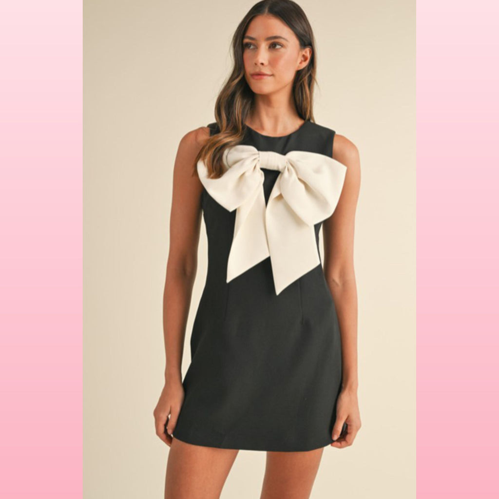 Black Mini Dress – Sleeveless Crew Neck with Contrast Bow | Opulent Vibe