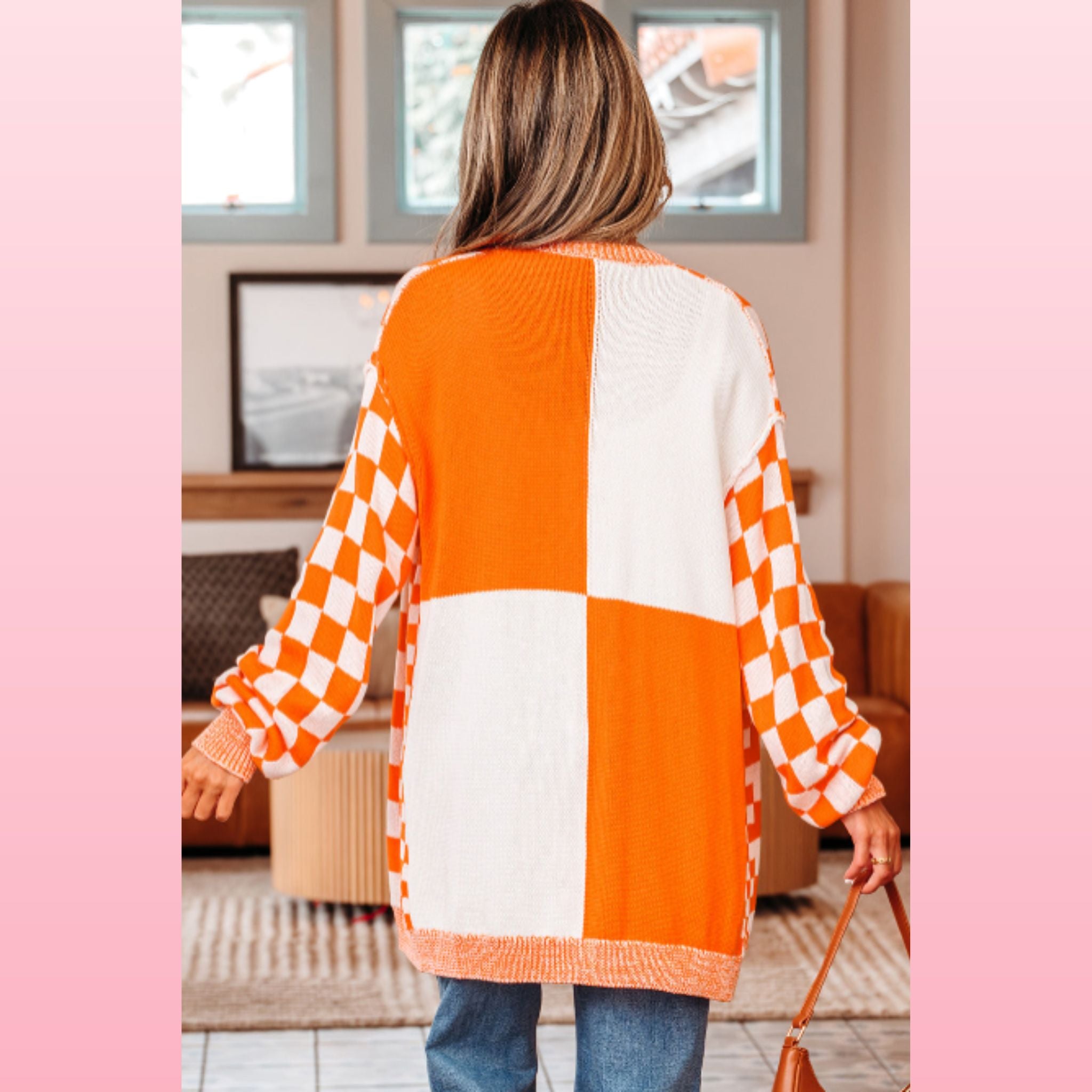 Orange Checkered Drop Shoulder Cardigan | Opulent Vibe